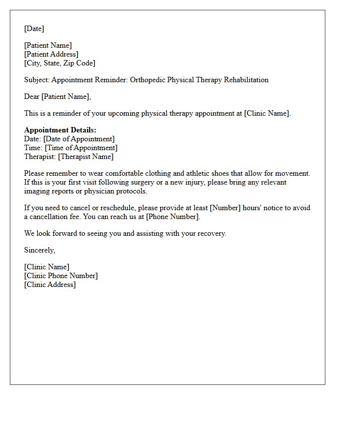 Orthopedic Physical Therapy Rehabilitation Appointment Reminder Letter
