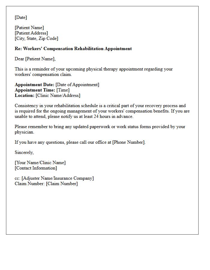Workers Compensation Physical Therapy Rehabilitation Appointment Reminder Letter