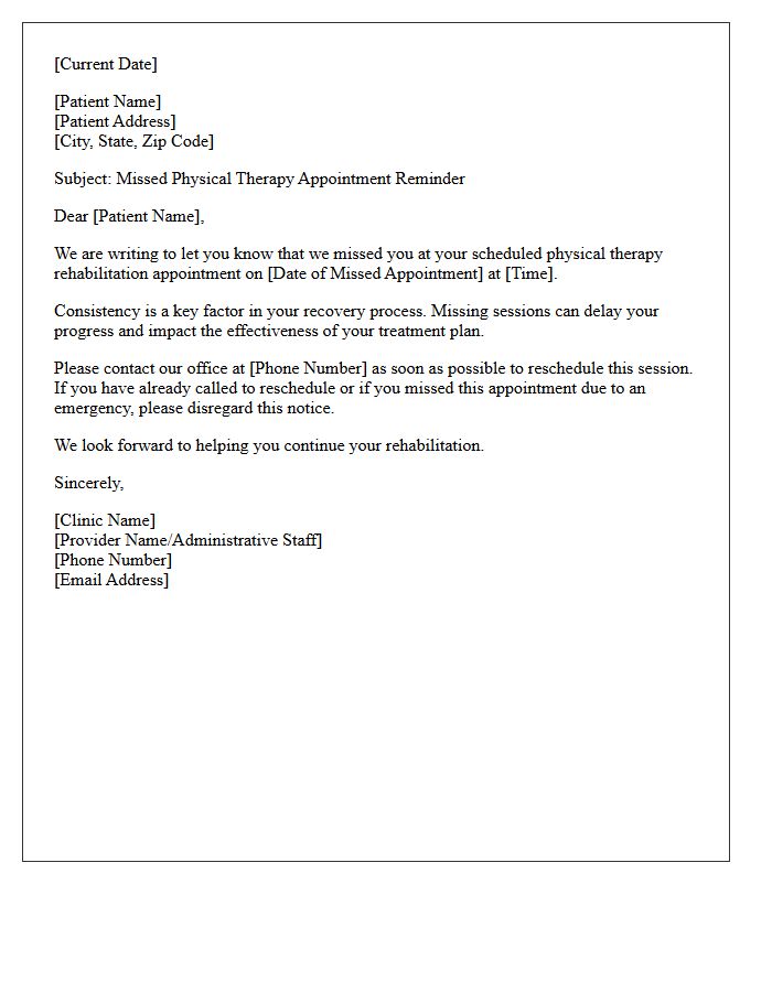 Missed Physical Therapy Rehabilitation Appointment Reminder Letter