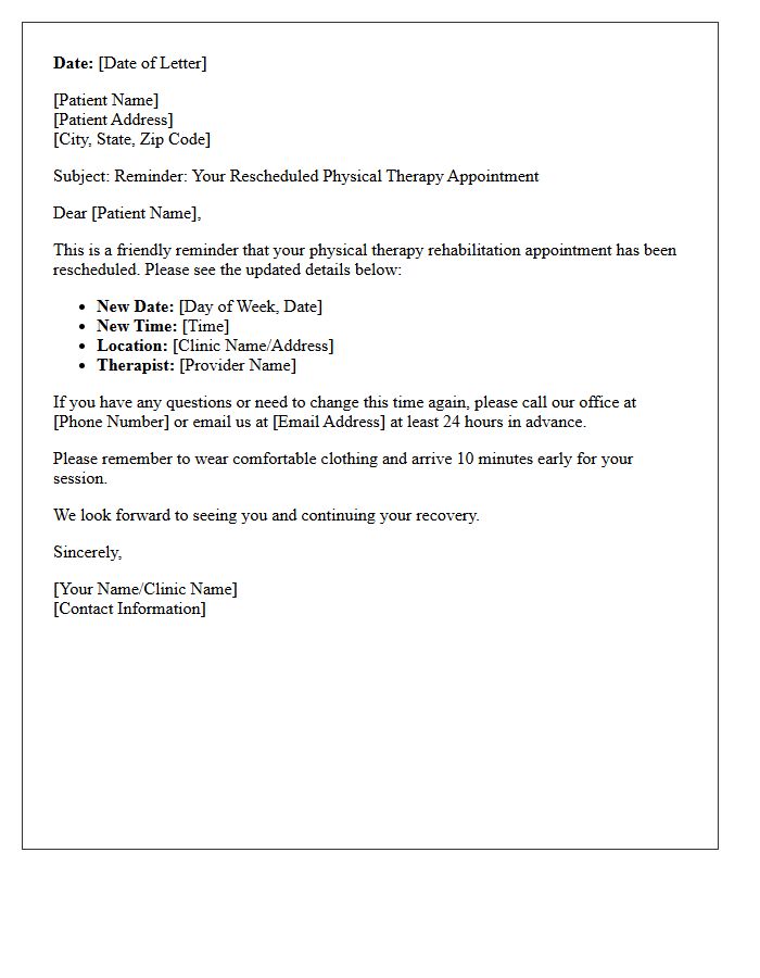 Rescheduled Physical Therapy Rehabilitation Appointment Reminder Letter
