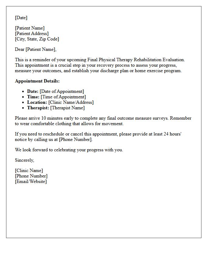 Final Physical Therapy Rehabilitation Evaluation Appointment Reminder Letter