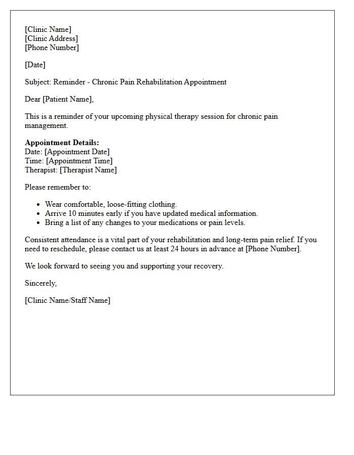 Chronic Pain Physical Therapy Rehabilitation Appointment Reminder Letter