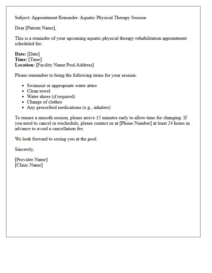 Aquatic Physical Therapy Rehabilitation Appointment Reminder Letter