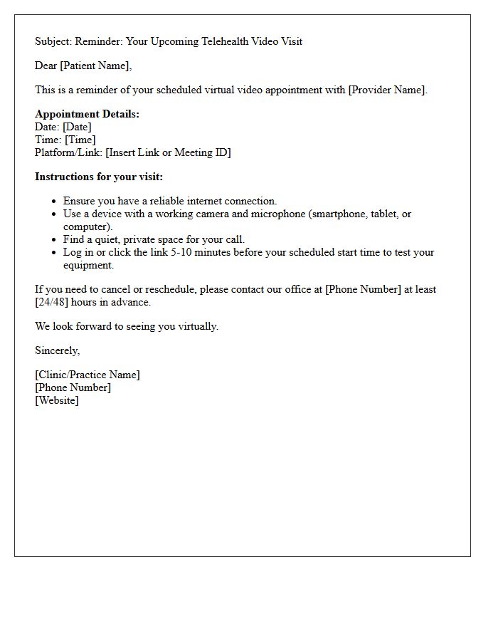 Telehealth Virtual Video Visit Appointment Reminder Letter