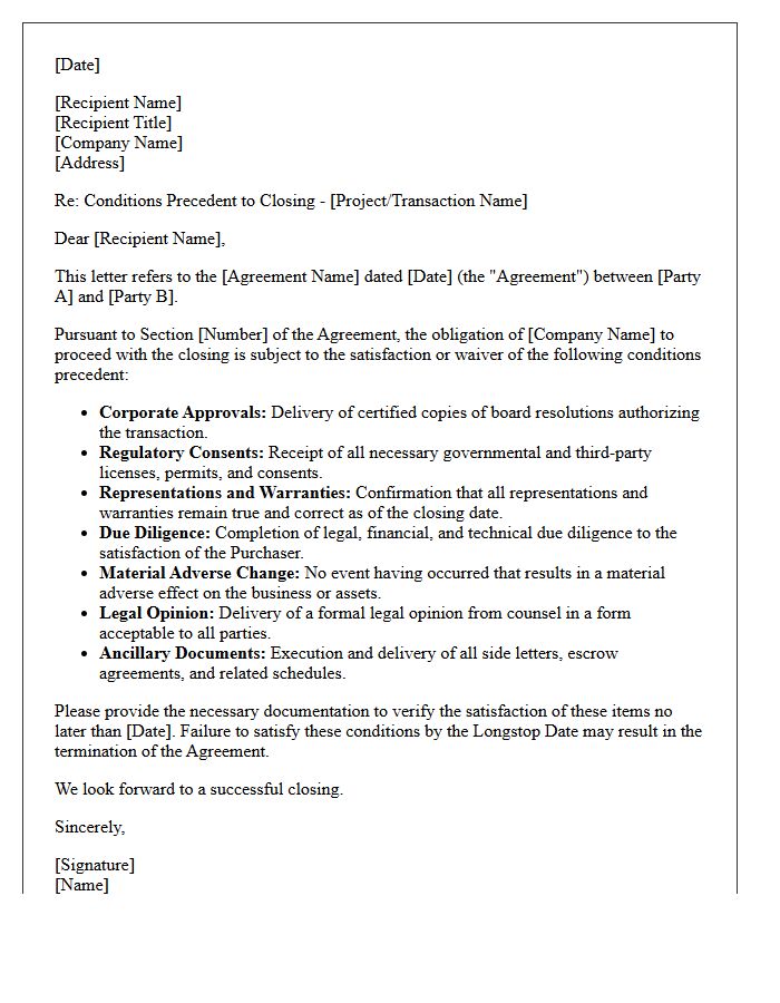 Conditions Precedent to Closing