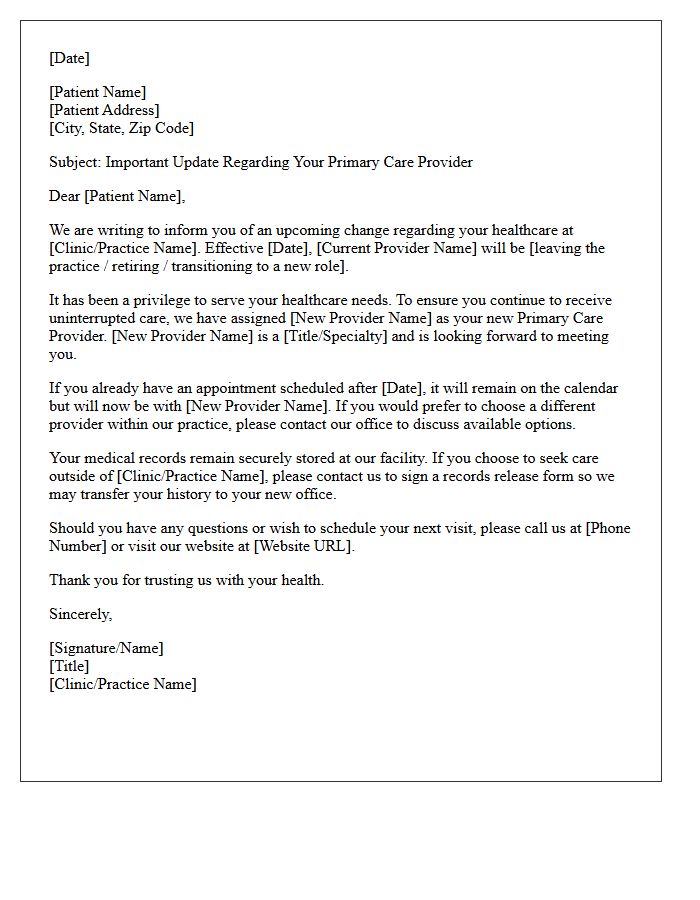 Primary Care Provider Transition Announcement Letter
