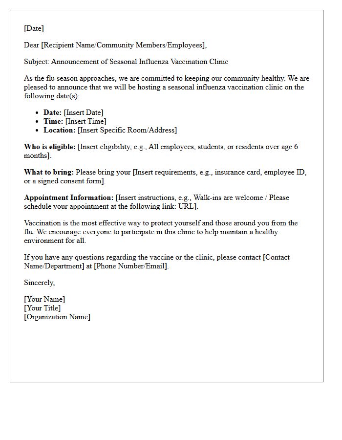 Seasonal Influenza Vaccination Clinic Announcement Letter