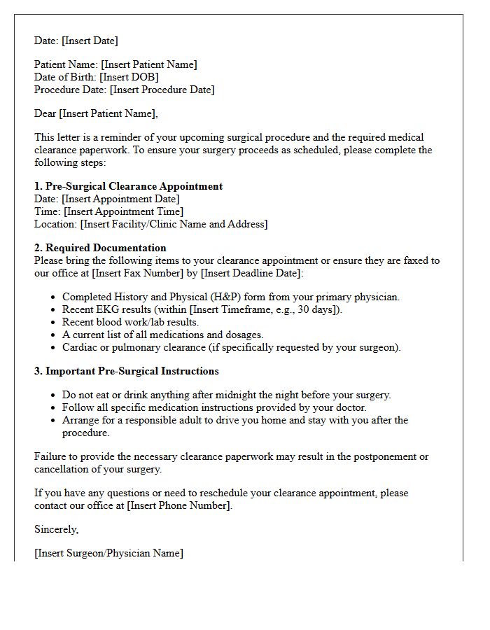 Pre-Surgical Clearance Paperwork And Appointment Reminder Letter