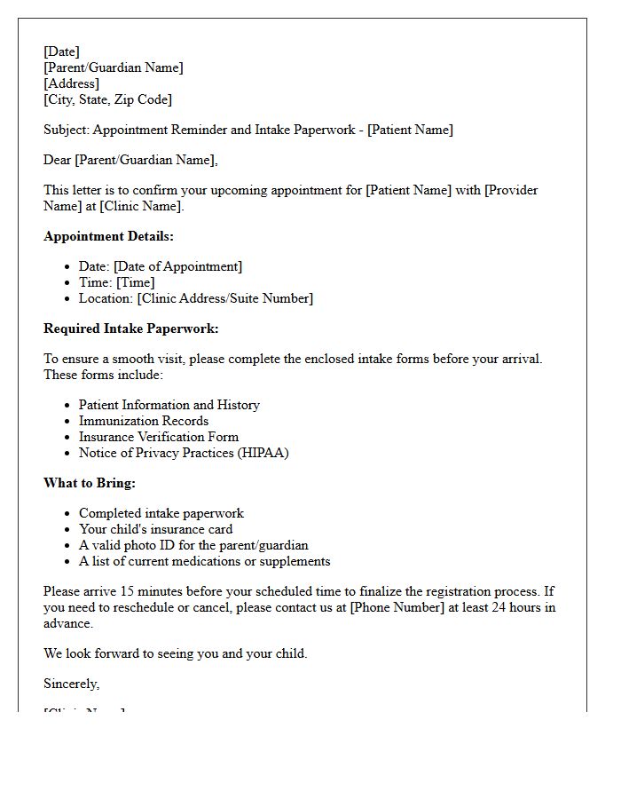 Pediatric Intake Paperwork And Appointment Reminder Letter