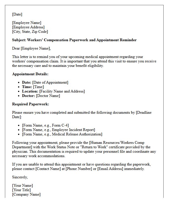 Workers Compensation Paperwork And Appointment Reminder Letter