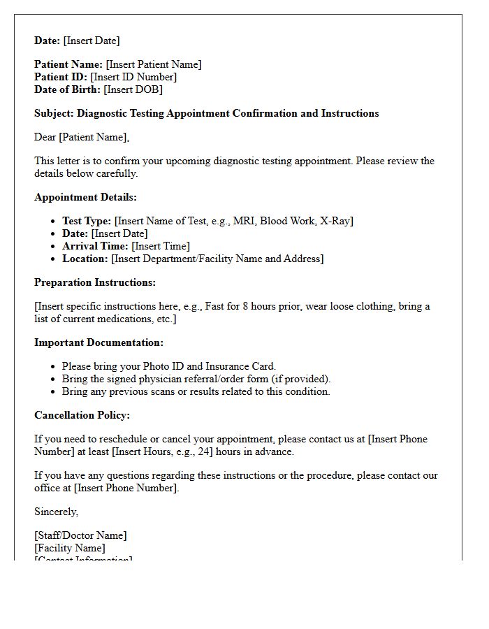 Diagnostic Testing Documentation And Appointment Reminder Letter