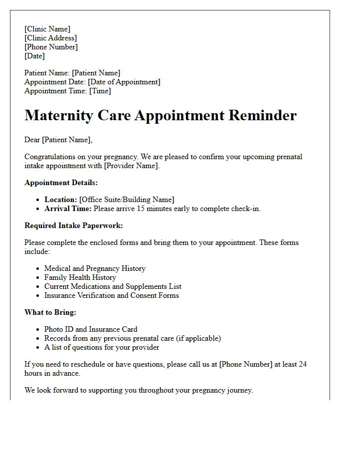 Maternity Care Intake Paperwork And Appointment Reminder Letter