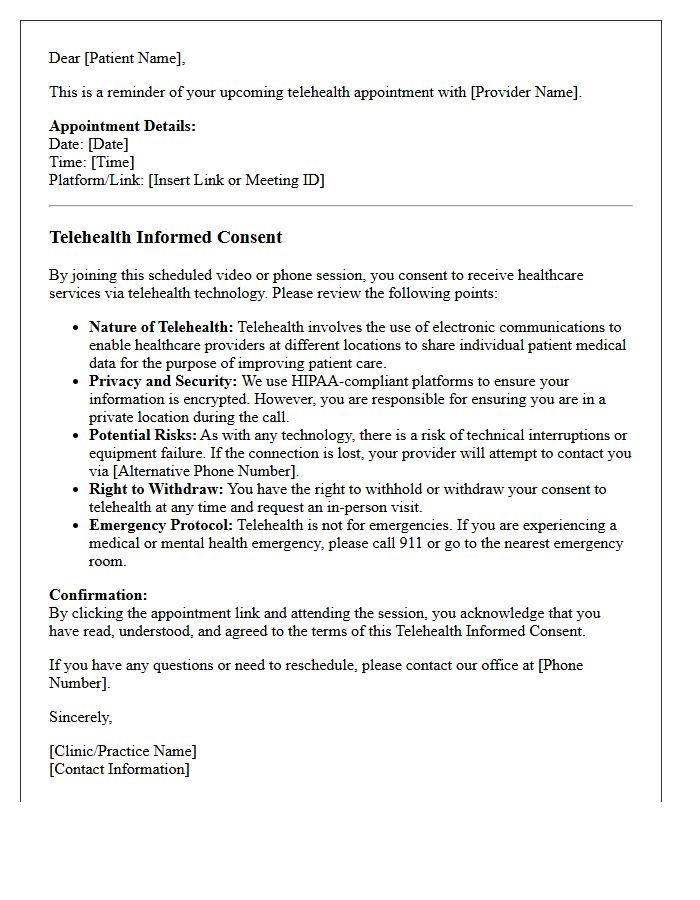 Telehealth Consent Documentation And Appointment Reminder Letter
