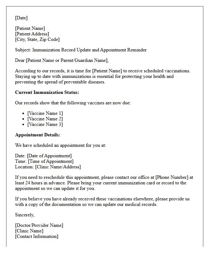 Immunization Record Documentation And Appointment Reminder Letter