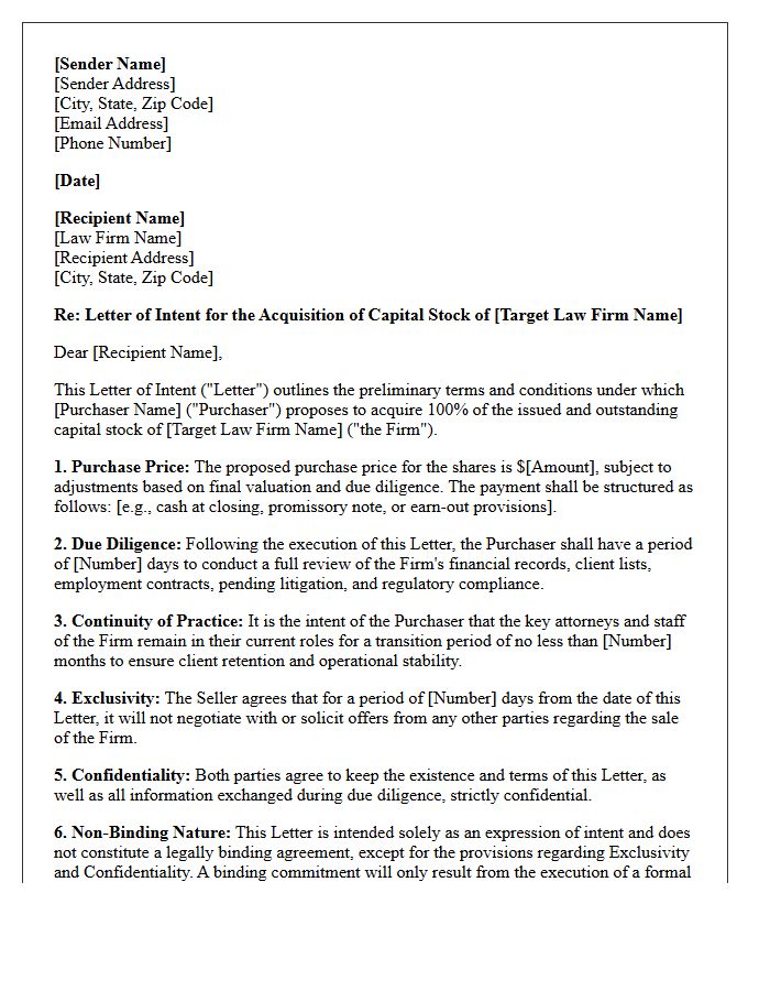 Letter of Intent for Stock Acquisition of Boutique Law Firm
