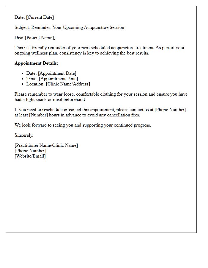 Ongoing Acupuncture Session Appointment Reminder Letter