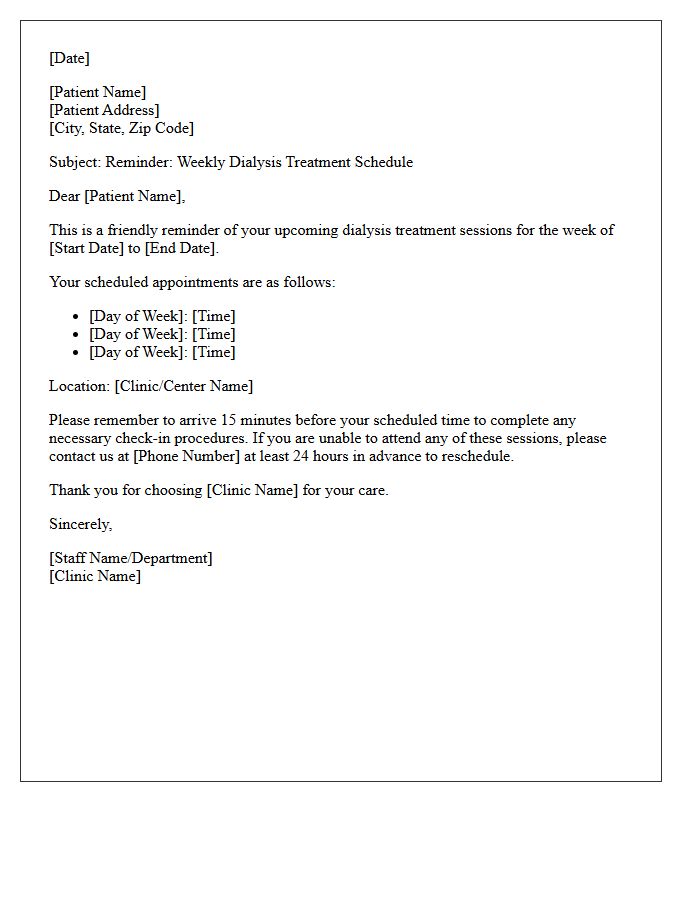 Weekly Dialysis Treatment Appointment Reminder Letter
