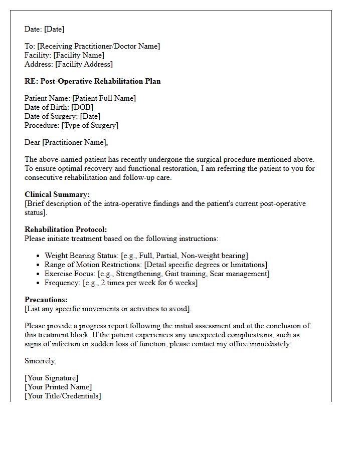 Post-Operative Rehabilitation Consecutive Treatment Letter
