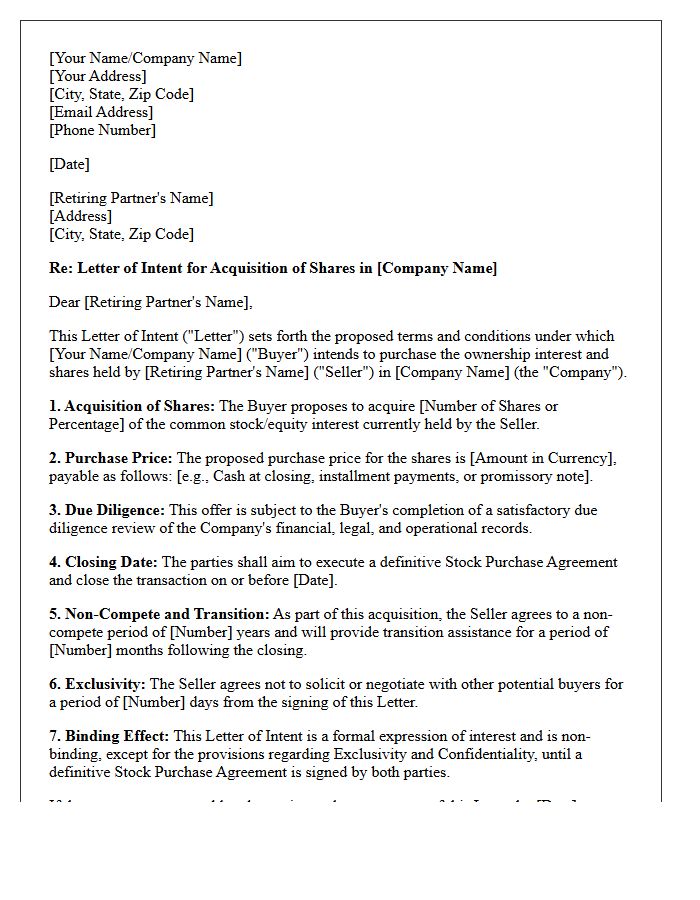 Letter of Intent for Stock Acquisition of Retiring Partner Shares