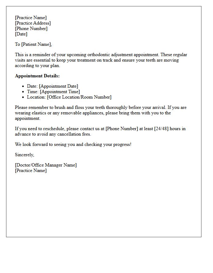 Orthodontic Adjustment Series Appointment Reminder Letter