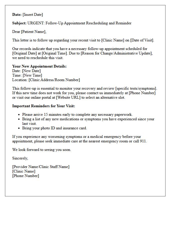 Urgent Care Follow-Up Rescheduling And Reminder Letter
