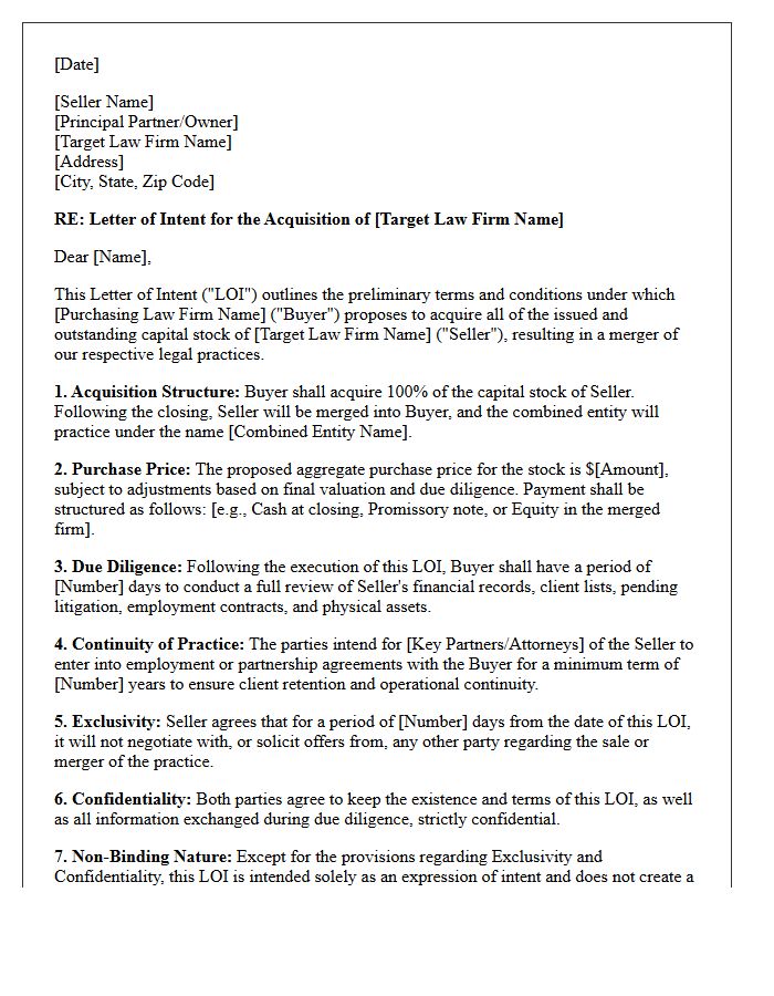 Letter of Intent for Stock Acquisition and Merger of Competing Legal Practice