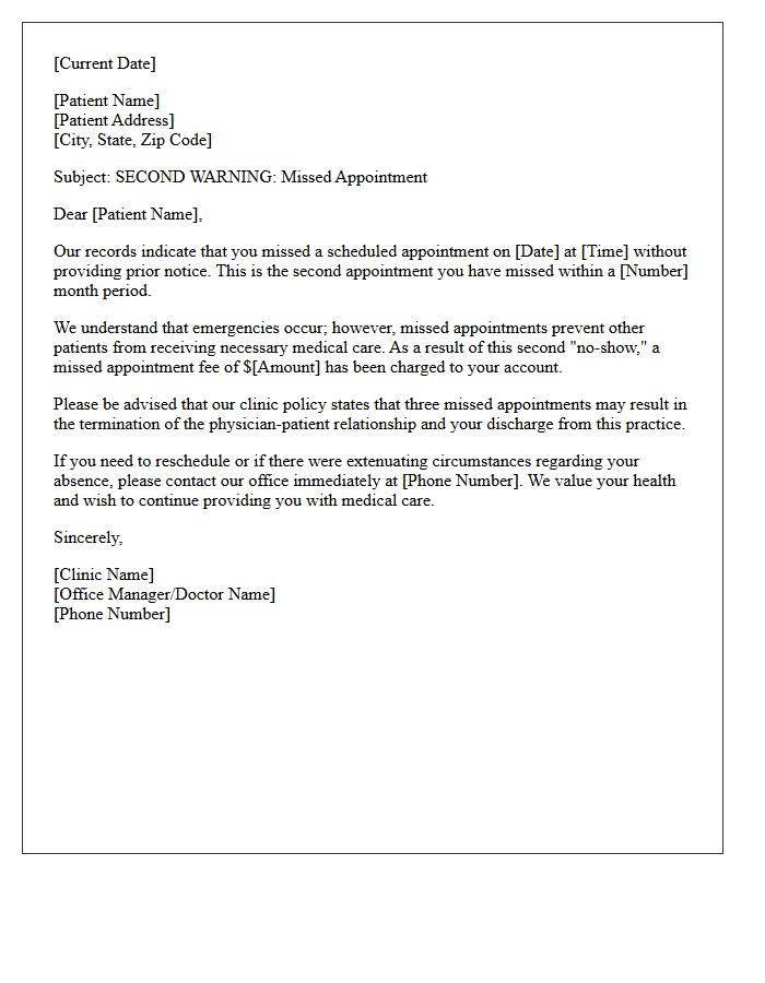 Medical Clinic Warning Letter for Second Missed Appointment
