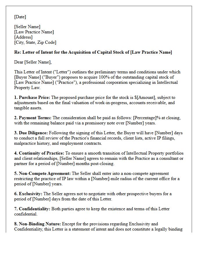 Letter of Intent for Stock Acquisition of Intellectual Property Law Practice