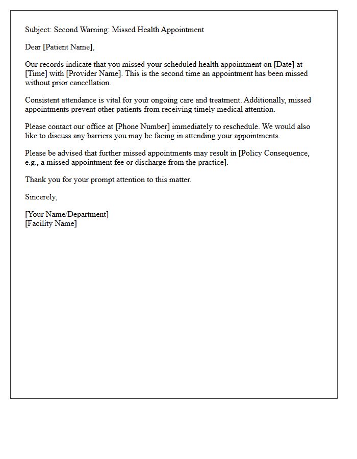 Letter of Warning for Second Missed Health Appointment