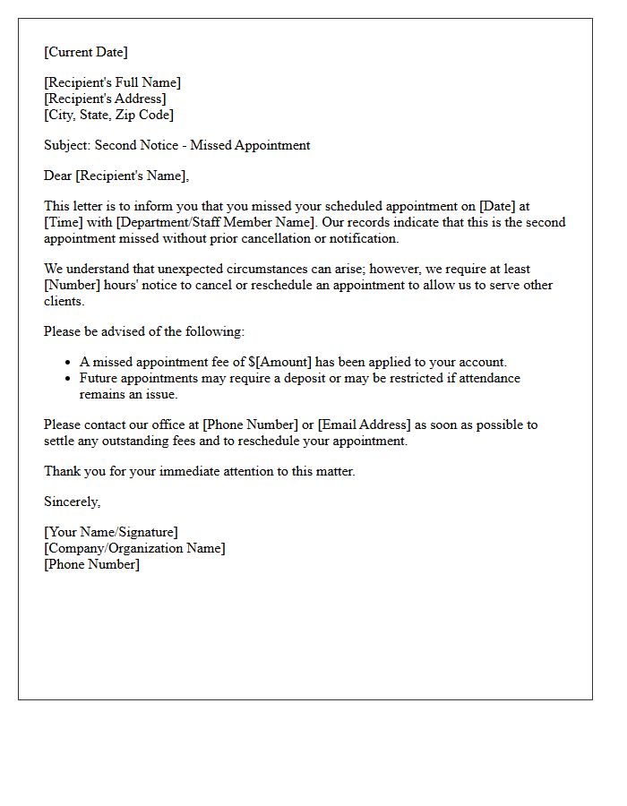 Notice Letter Regarding Second Missed Appointment