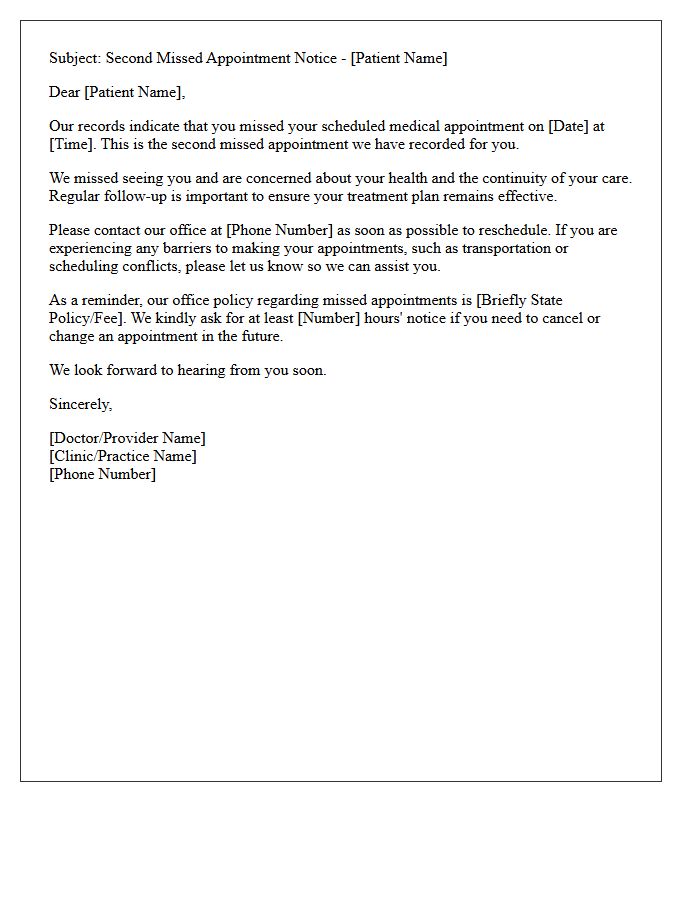Patient Care Letter for Second Missed Medical Appointment