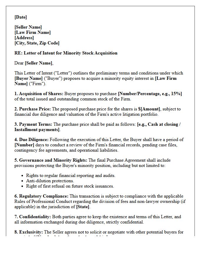 Letter of Intent for Minority Stock Acquisition in Litigation Firm