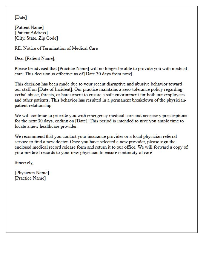 Patient Dismissal Letter Due To Disruptive And Abusive Behavior