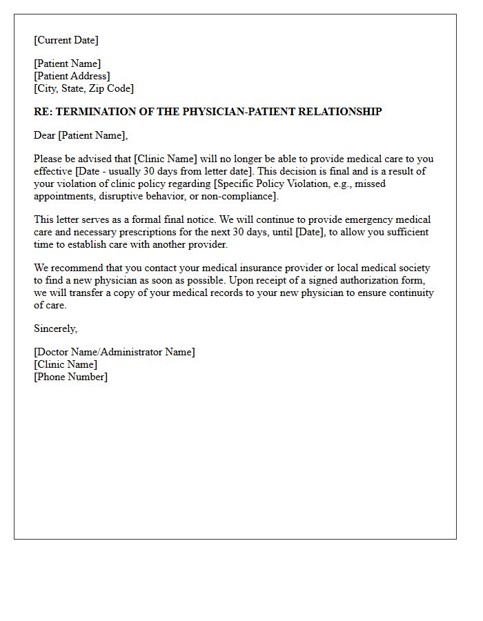 Final Notice And Patient Dismissal Letter For Violation Of Clinic Policy