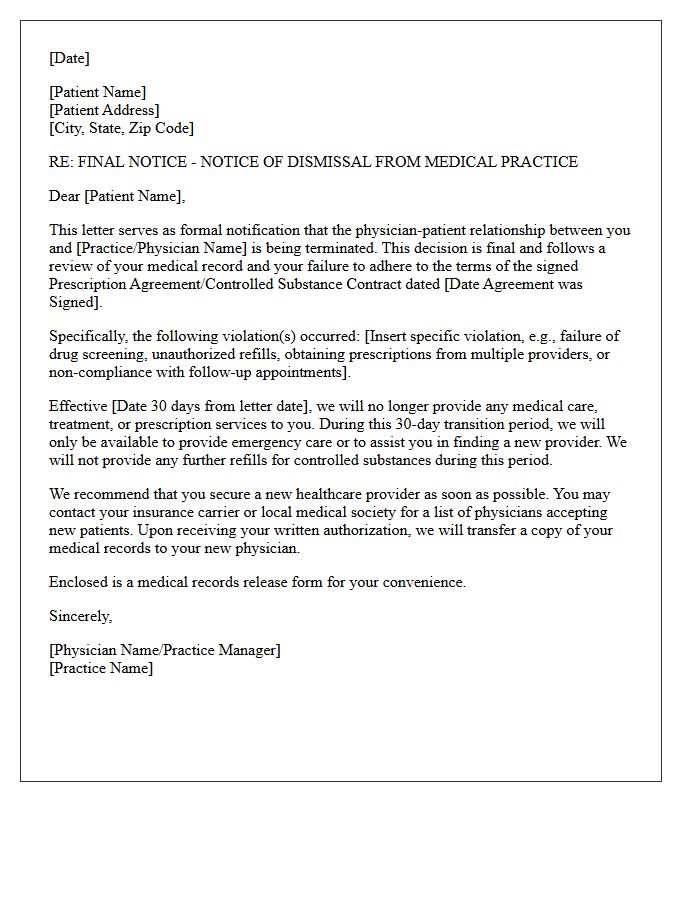 Final Notice Letter For Prescription Agreement Violation And Patient Dismissal