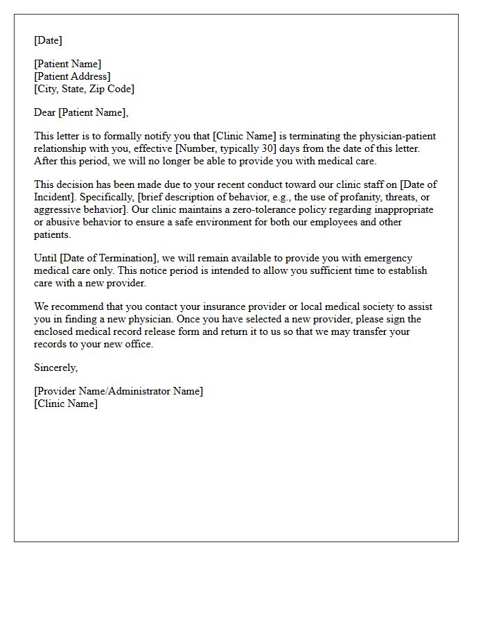 Patient Dismissal Letter For Inappropriate Conduct Toward Clinic Staff