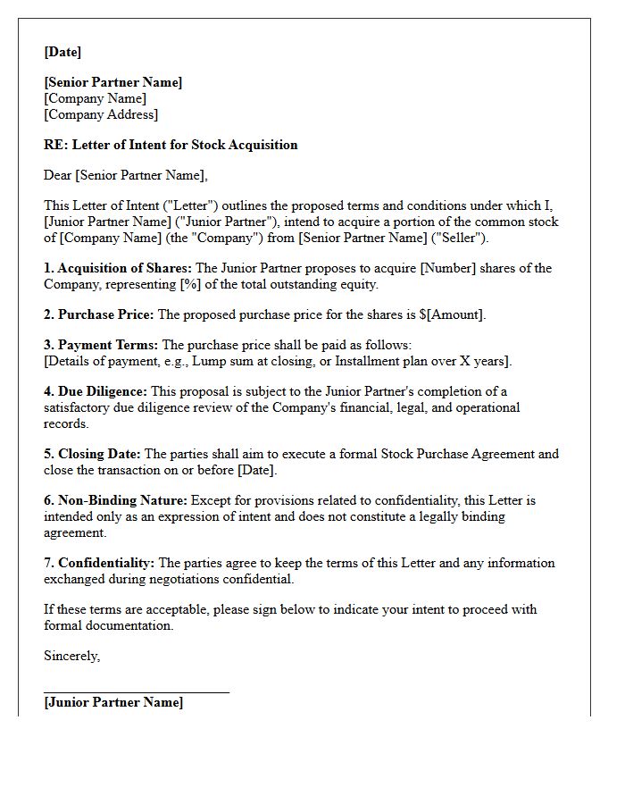 Letter of Intent for Stock Acquisition by Junior Partner