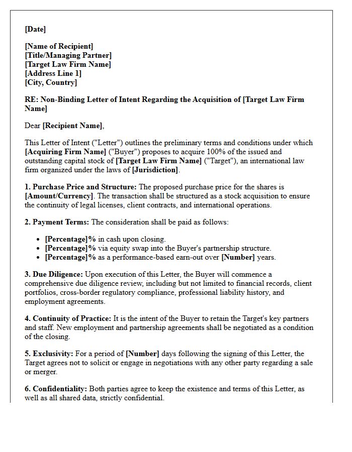 Letter of Intent for Cross-Border Stock Acquisition of International Law Firm