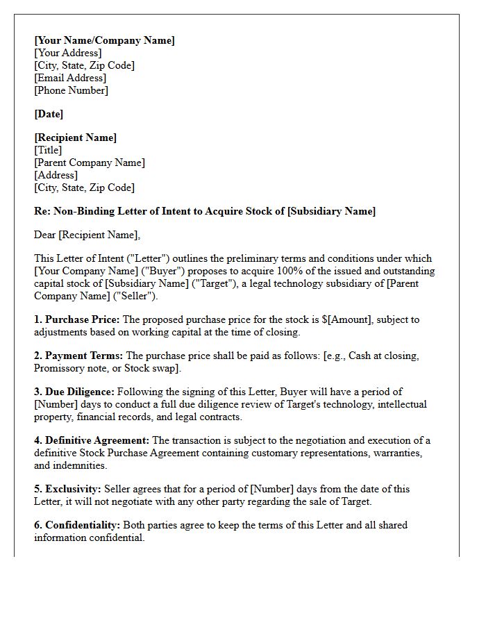 Letter of Intent for Stock Acquisition of Legal Technology Subsidiary
