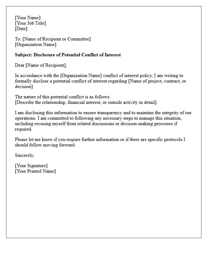 Conflicts of Interest Letter Disclosure