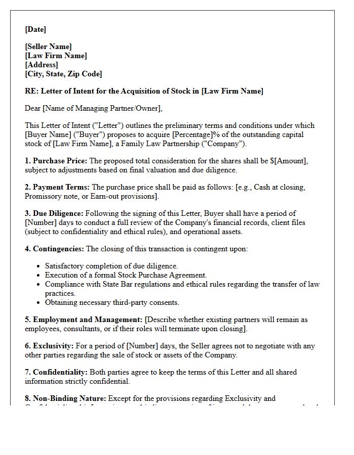 Letter of Intent for Stock Acquisition of Family Law Partnership
