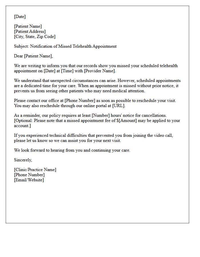 First Missed Telehealth Visit Notification Letter