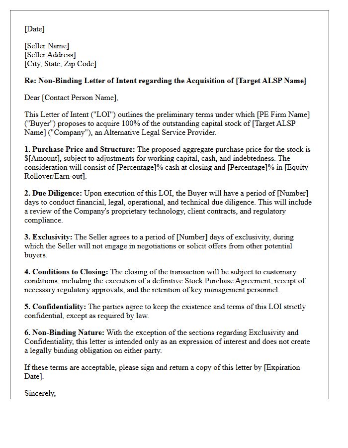 Letter of Intent for Private Equity Stock Acquisition of Alternative Legal Service Provider