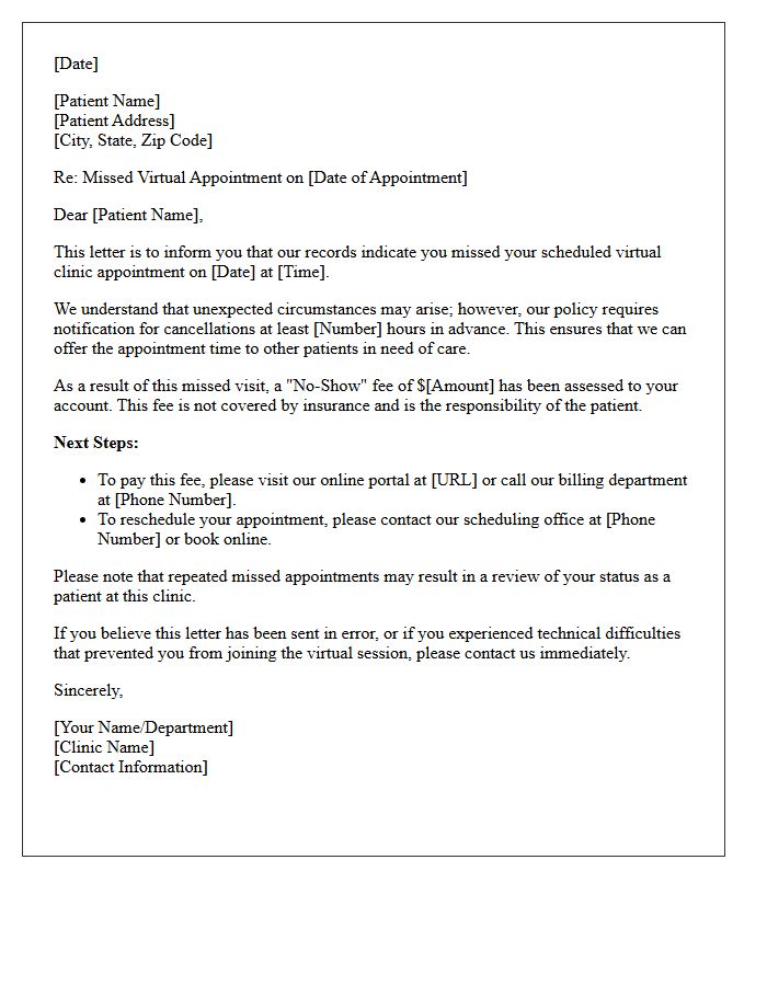 Missed Virtual Clinic Visit and Fee Assessment Letter