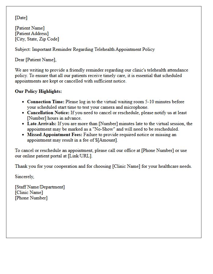Medical Clinic Telehealth Attendance Policy Reminder Letter