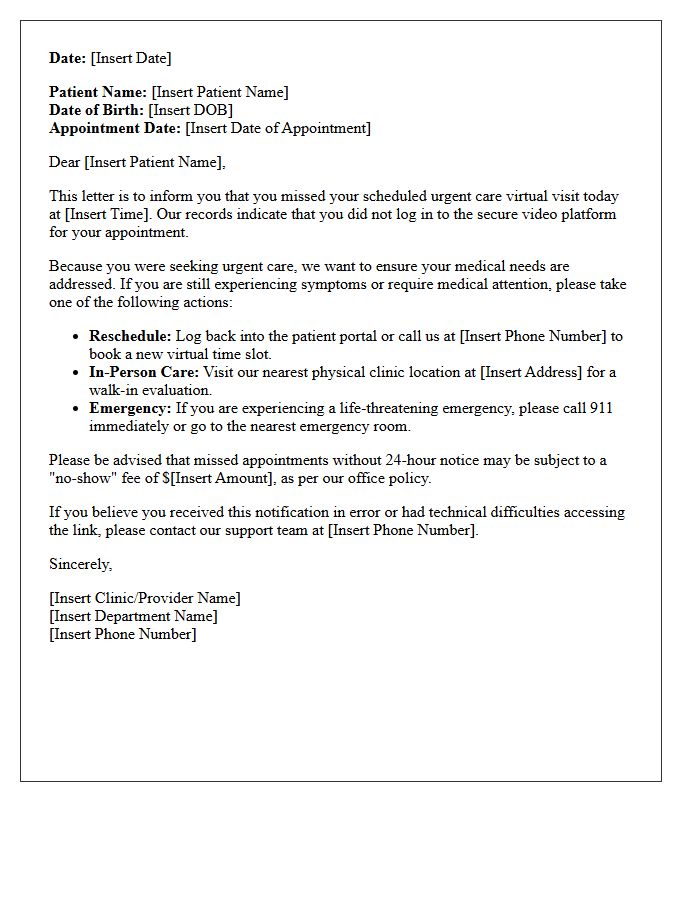 Missed Urgent Care Virtual Visit Notification Letter
