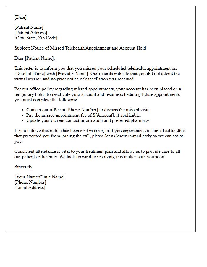Telehealth Appointment Absence and Account Hold Letter