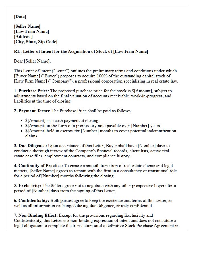 Letter of Intent for Stock Acquisition of Real Estate Law Firm