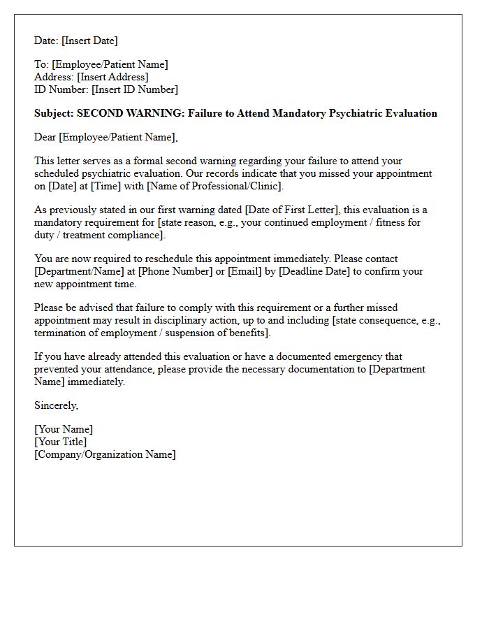 Second Warning Letter Regarding Missed Psychiatric Evaluation