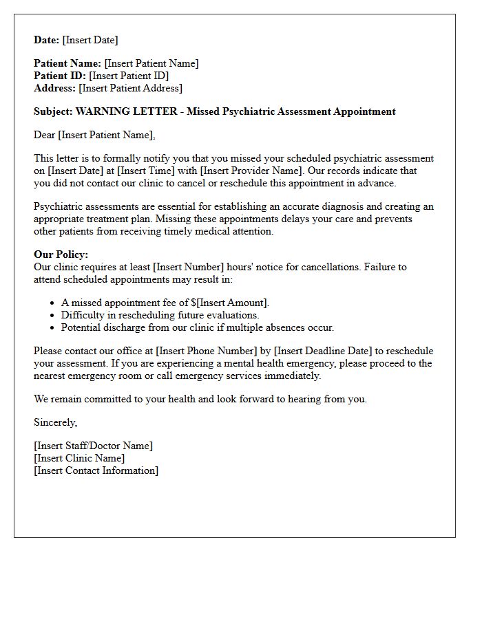 Medical Clinic Warning Letter for Psychiatric Assessment Absence